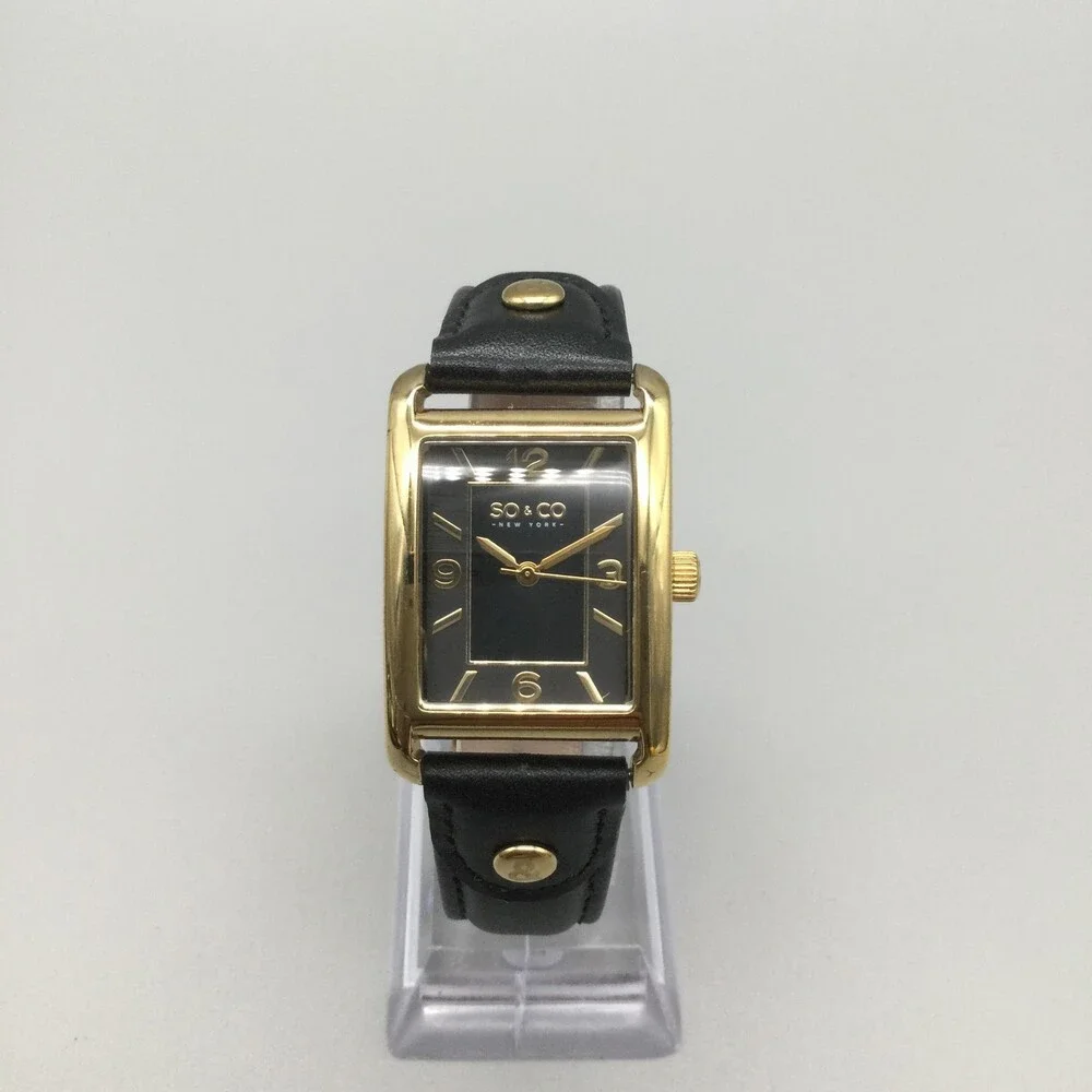 SO&CO New York Womens Watch 25mm Black Dial Gold Tone Leather Strap New Battery